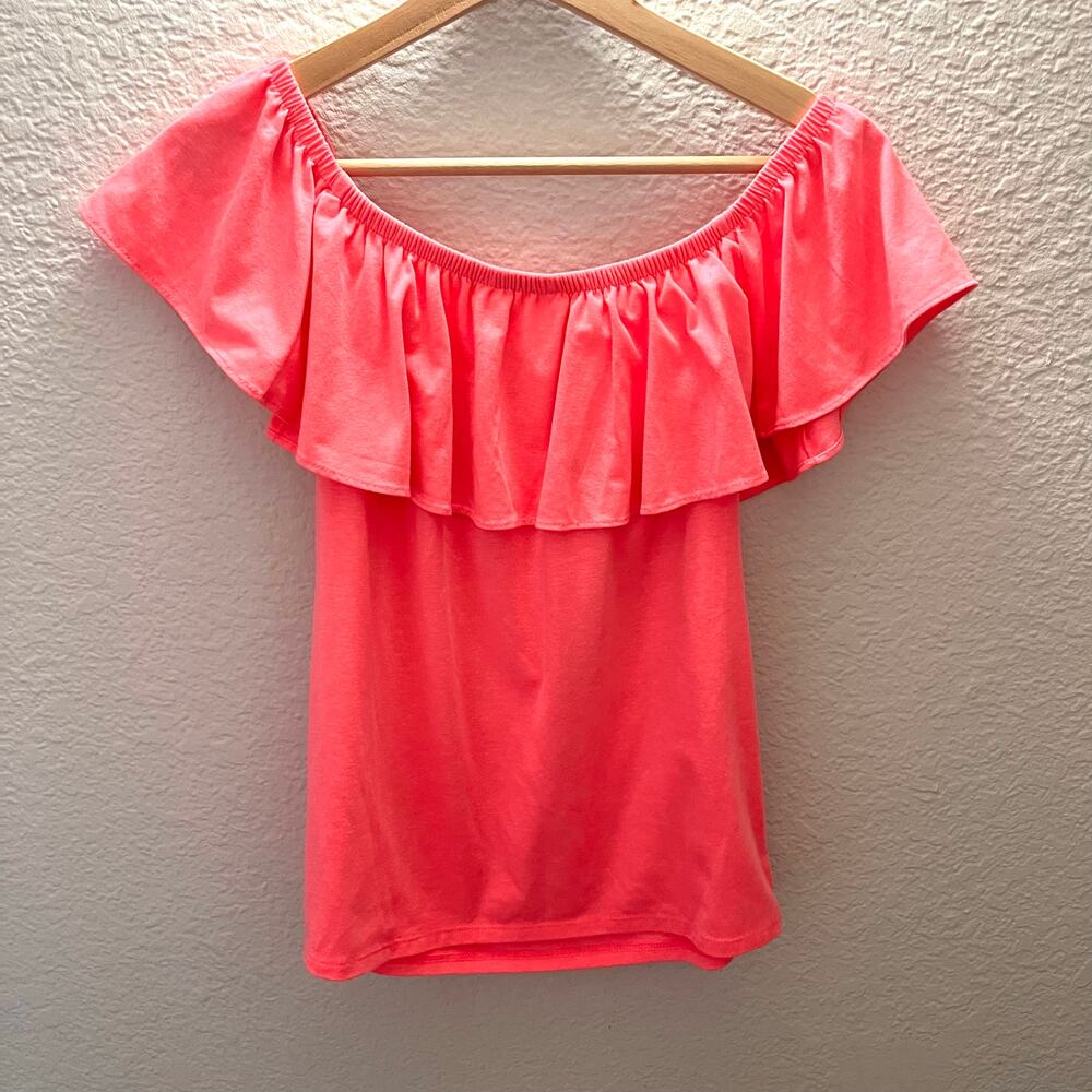 Lilly Pulitzer La Fortuna Off Shoulder Ruffle Top Hot Pink Knit XS Barbiecore - Picture 6 of 7
